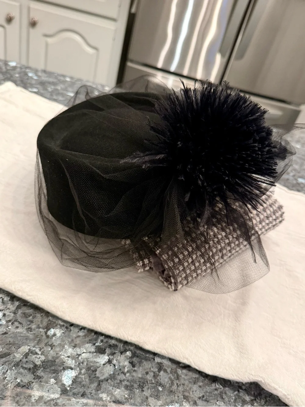 80s Betmar Black Wool Tilt Hat Feather Pompom USA Wool Vintage Women’s Church